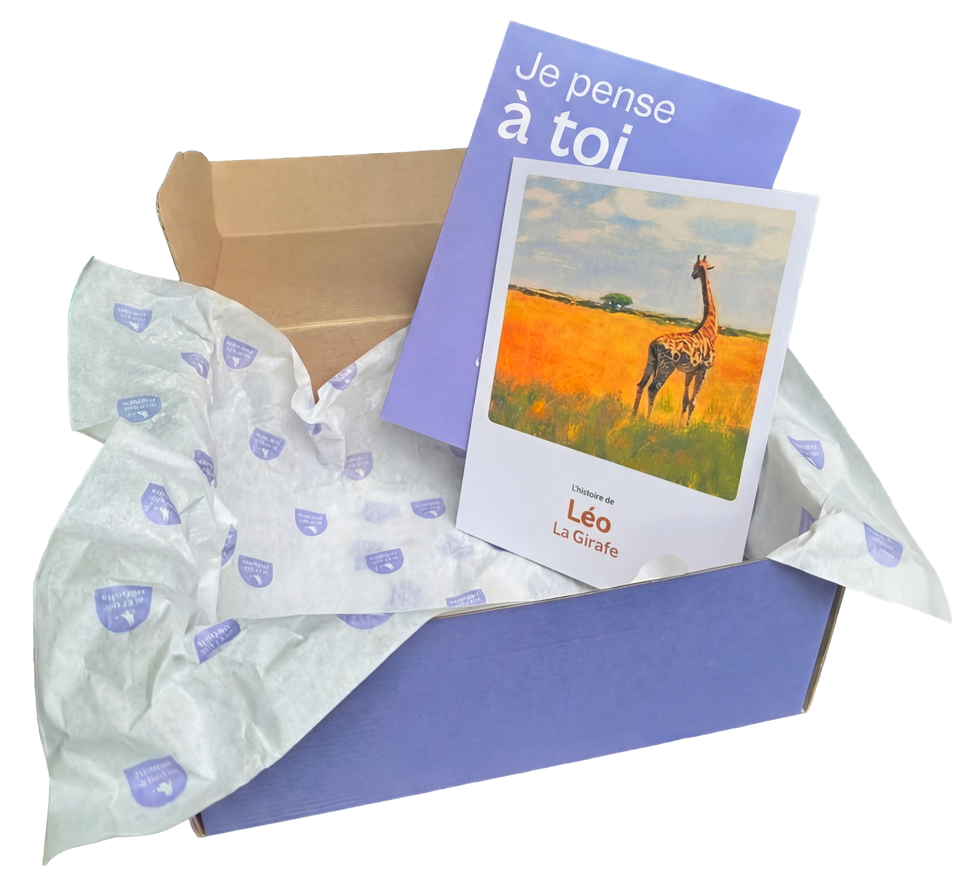 Box cadeau ouverte avec le livret de Léo la girafe — idée cadeau homme 40 ans