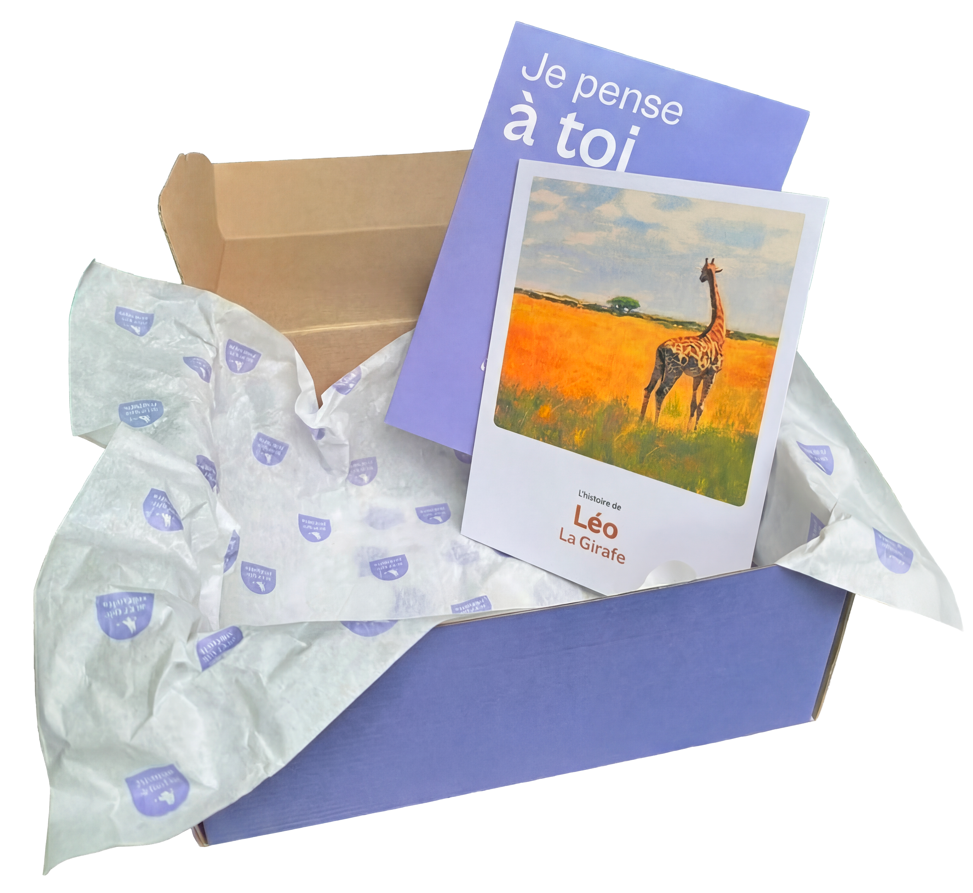 Box cadeau ouverte avec le livret de Léo la girafe — idée cadeau homme 40 ans