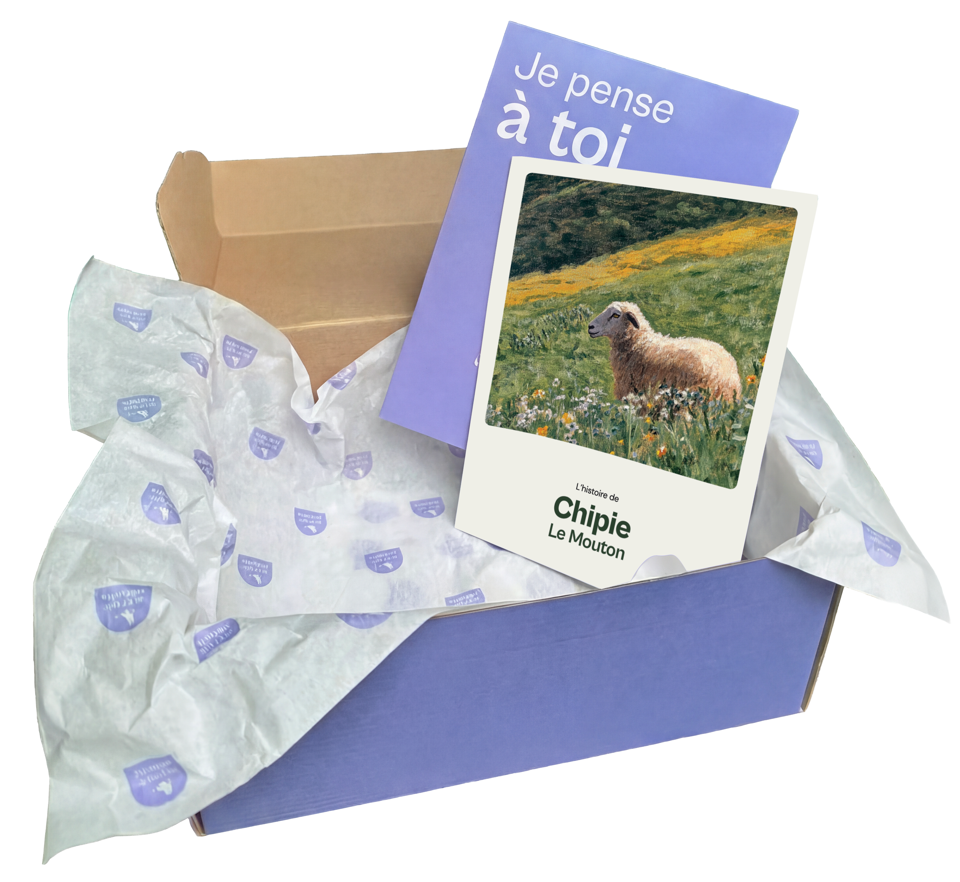 Box cadeau ouverte avec le livret de Chipie le mouton — idée cadeau crémaillère