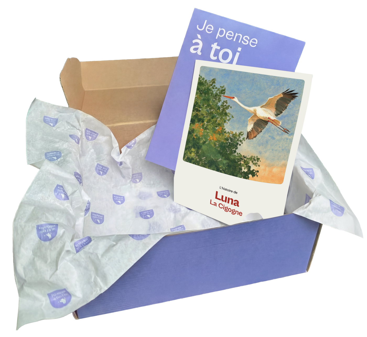 Box de naissance ouverte avec le livret de Luna la cigogne — quel budget pour un cadeau de naissance