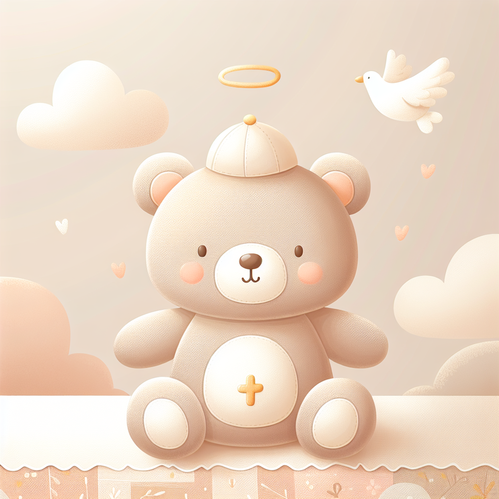 Peluche ours beige personnalisée avec prénom brodé pour cadeau baptême garçon, posée sur linge blanc délicat