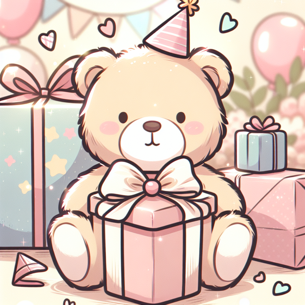 Peluche colorée avec ruban cadeau posée sur une table d'anniversaire décorée