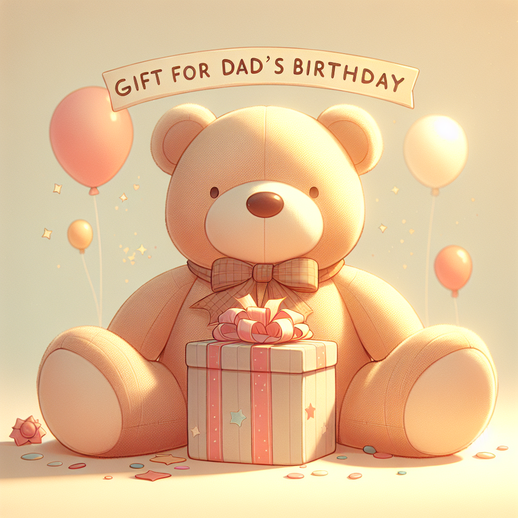Papa souriant tenant tendrement une peluche ours personnalisée cadeau d'anniversaire dans un salon chaleureux