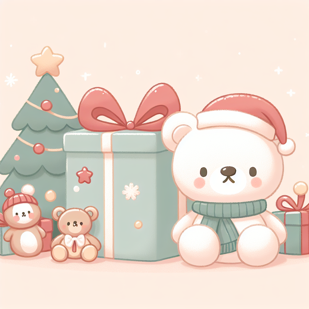 Peluche de Noël douillette posée sous un sapin illuminé avec des cadeaux emballés
