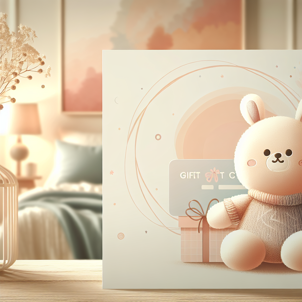 Carte cadeau Bimpli élégante posée à côté de peluches personnalisées colorées sur fond doux