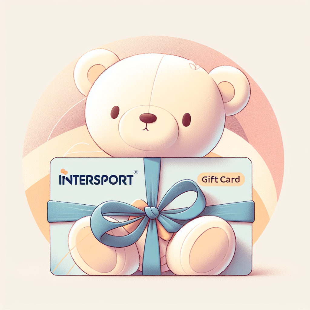Carte cadeau Intersport élégamment présentée avec une peluche sportive et un emballage soigné sur fond chaleureux