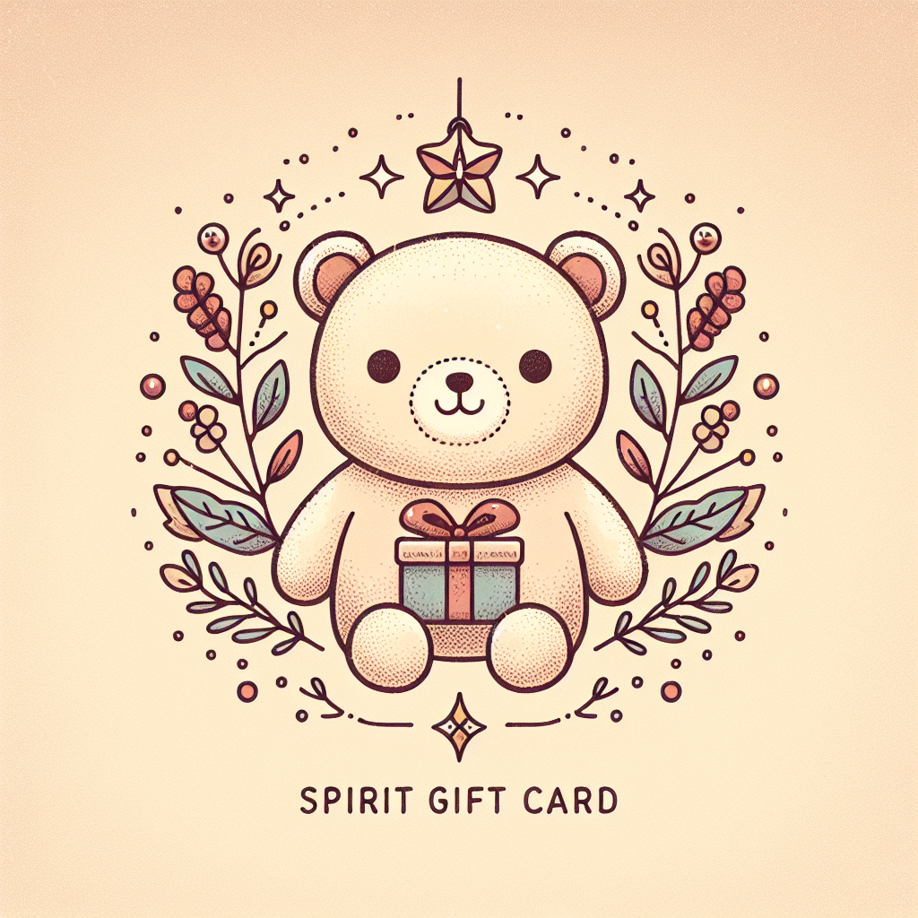 Carte cadeau Spirit colorée posée sur une table avec des accessoires tendance et des peluches kawaii en arrière-plan