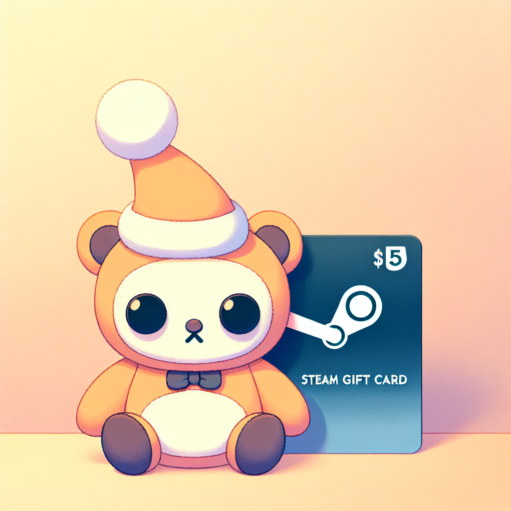 Carte cadeau Steam posée à côté d'une manette de jeu et d'une petite peluche, sur un bureau gaming avec éclairage doux