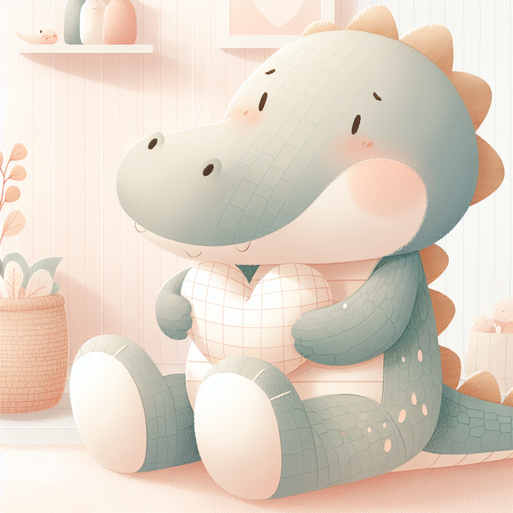 Crocodile en peluche vert tendre aux yeux malicieux, posé sur un lit d'enfant avec des coussins colorés