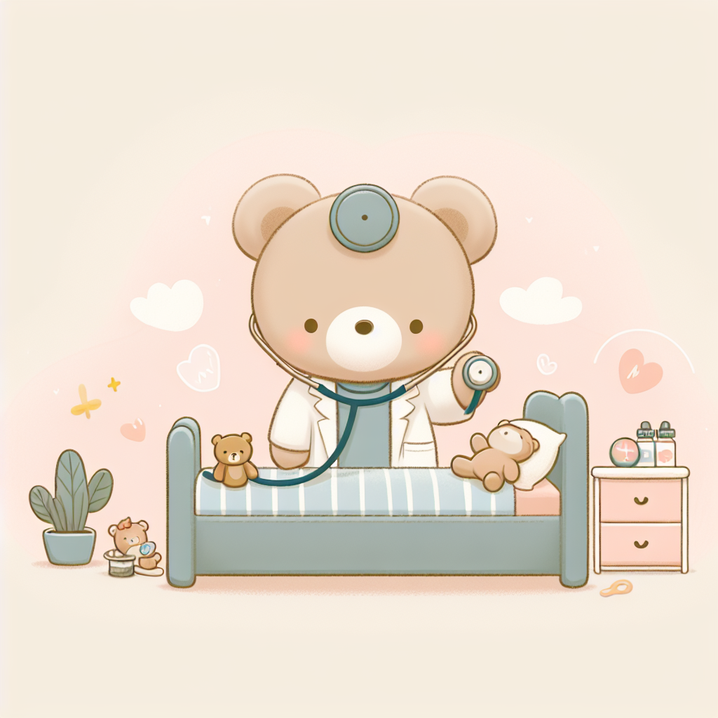 Peluche Docteur La Peluche avec stéthoscope et blouse médicale, posée sur un lit d'enfant avec des jouets médicaux colorés