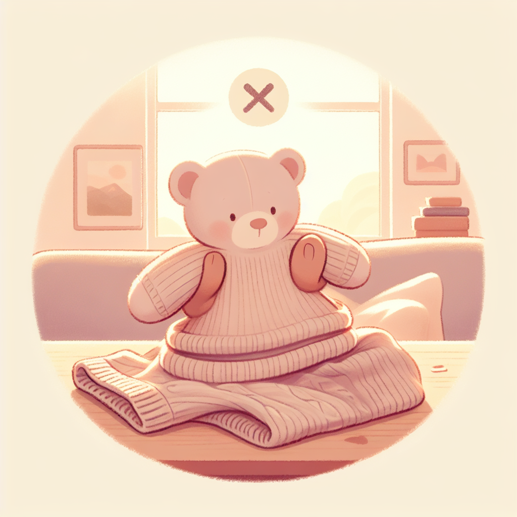 Pull en laine beige avec des peluches visibles sur la surface, posé à plat avec des outils d'entretien comme un rasoir et une brosse à vêtements