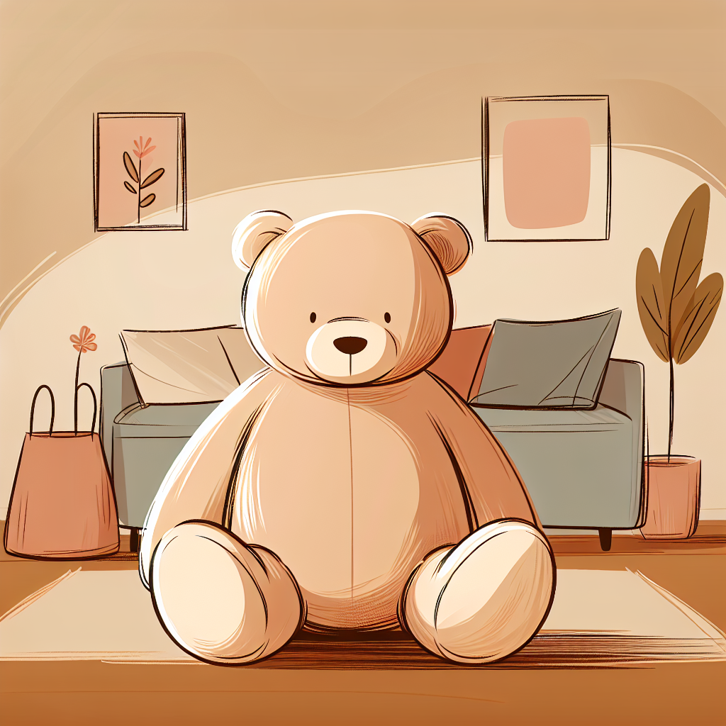 Enfant souriant serrant dans ses bras un énorme ours en peluche beige dans une chambre chaleureuse
