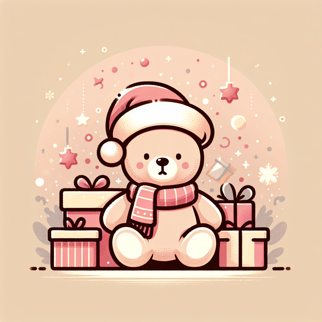 Homme souriant tenant délicatement une peluche ours en peluche beige, préparant un cadeau de Noël dans une atmosphère chaleureuse