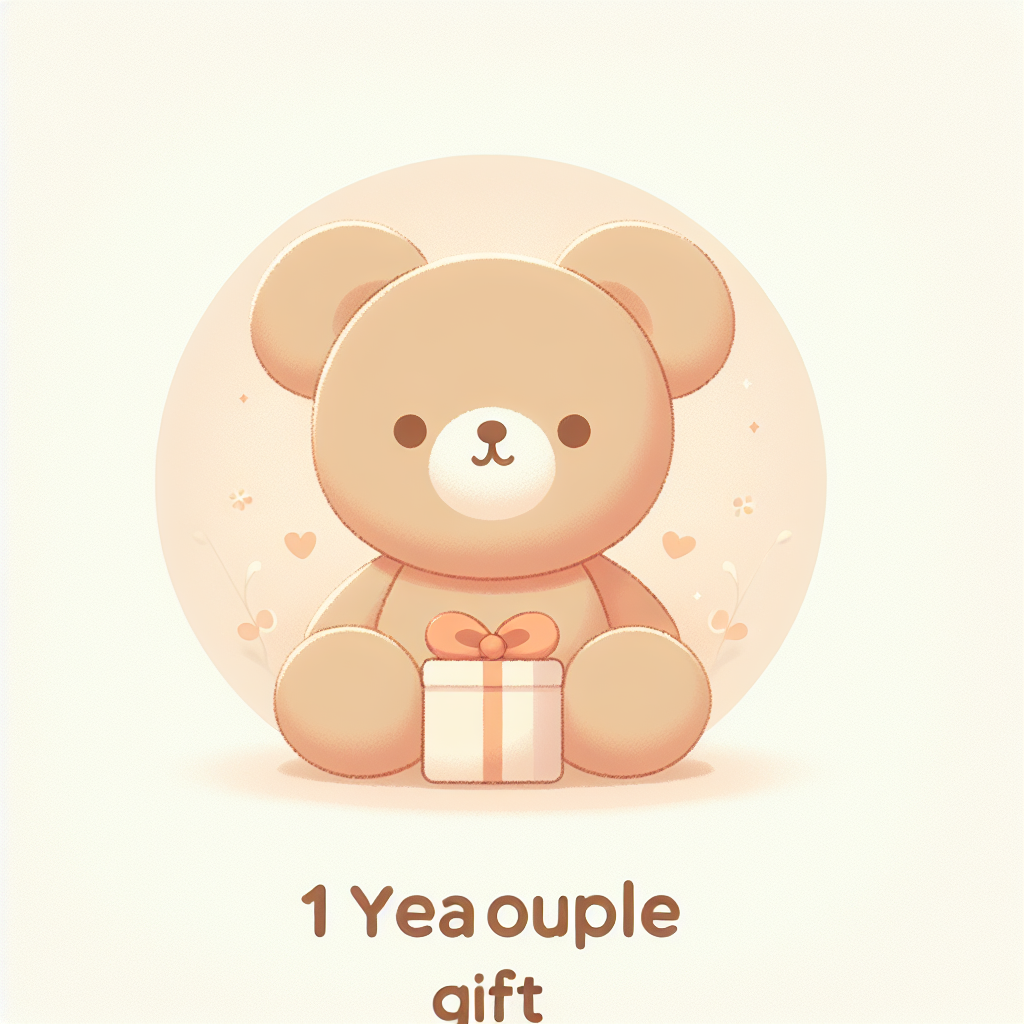 Couple souriant échangeant une peluche personnalisée pour célébrer leur premier anniversaire de relation