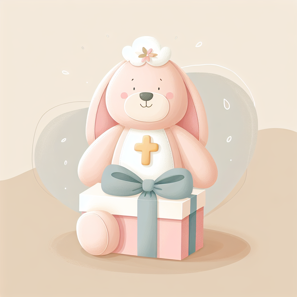 Adorable peluche lapin blanc brodée d'un prénom, posée délicatement dans un coffret cadeau avec ruban doré pour baptême