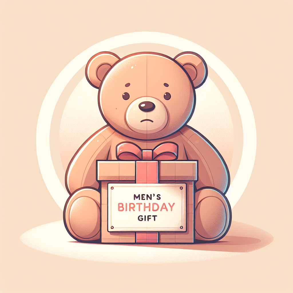 Homme souriant découvrant un cadeau d'anniversaire soigneusement emballé avec une peluche et des éléments de décoration festive