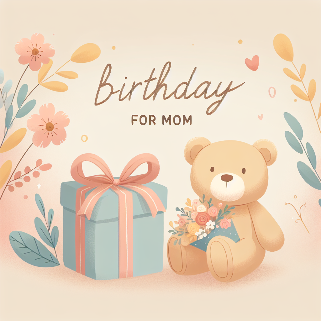 Maman souriante tenant tendrement une peluche ourson personnalisée dans ses bras, entourée de cadeaux colorés pour son anniversaire
