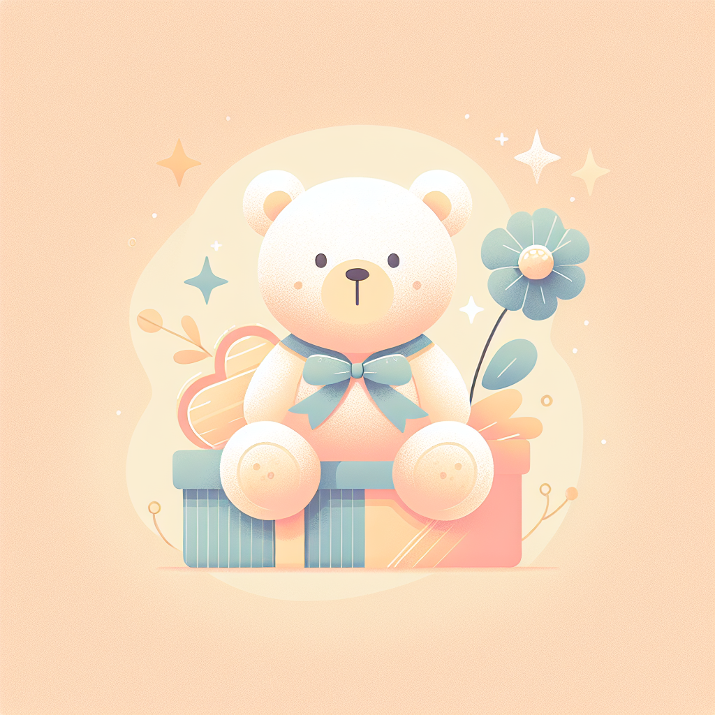 Adorable peluche personnalisée pour bébé avec prénom brodé, entourée de cadeaux de naissance colorés sur fond doux