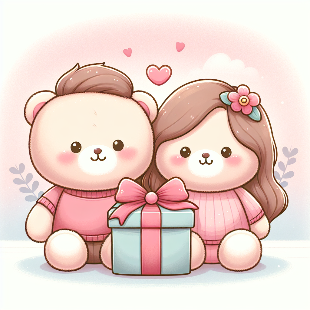 Couple souriant découvrant un cadeau original personnalisé avec des peluches et décorations romantiques