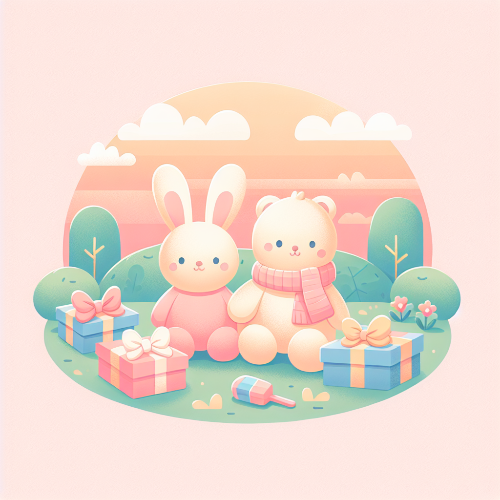Parents souriants découvrant un cadeau surprise entouré de peluches colorées et d'objets personnalisés