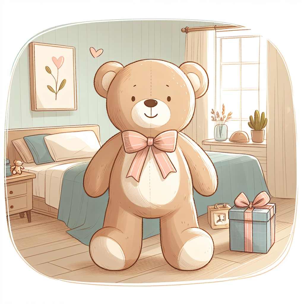 Peluche personnalisée élégante posée sur un bureau moderne avec broderie délicate, symbolisant un cadeau touchant pour homme