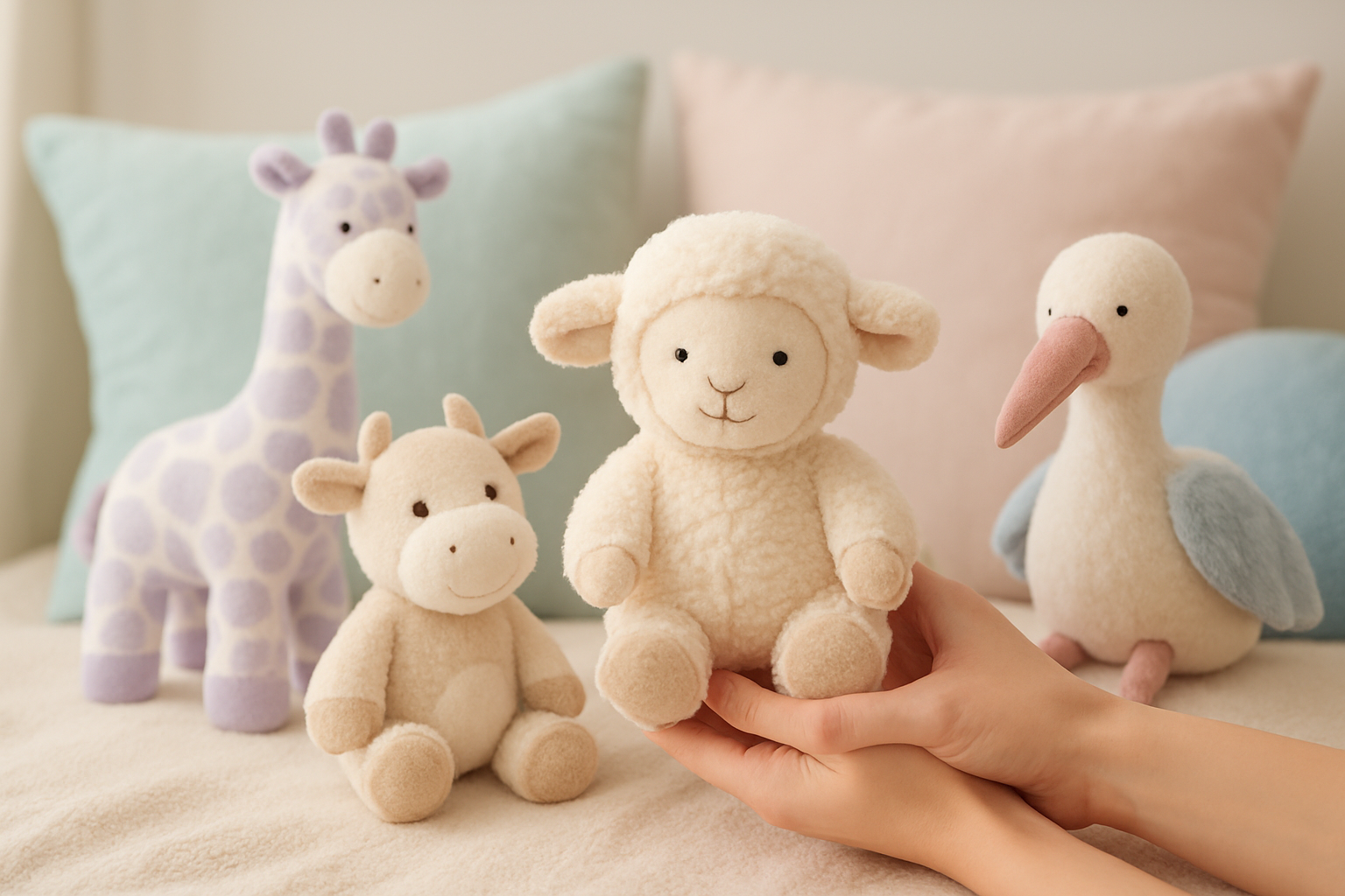 Idée cadeau un an bébé avec peluche personnalisée et jouets doux sur fond pastel