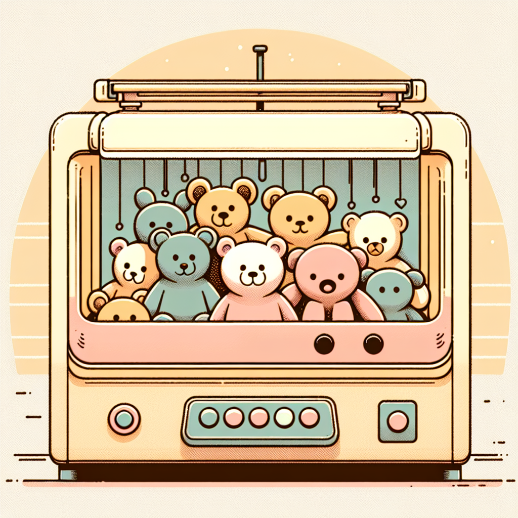 Machine à peluches moderne avec écran tactile et compartiments colorés remplis de peluches personnalisables dans un centre commercial