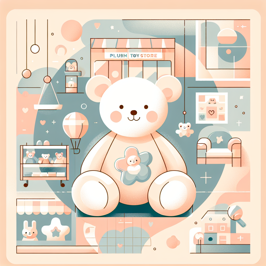 Intérieur chaleureux d'un magasin de peluches avec des étagères colorées remplies de doudous et peluches diverses