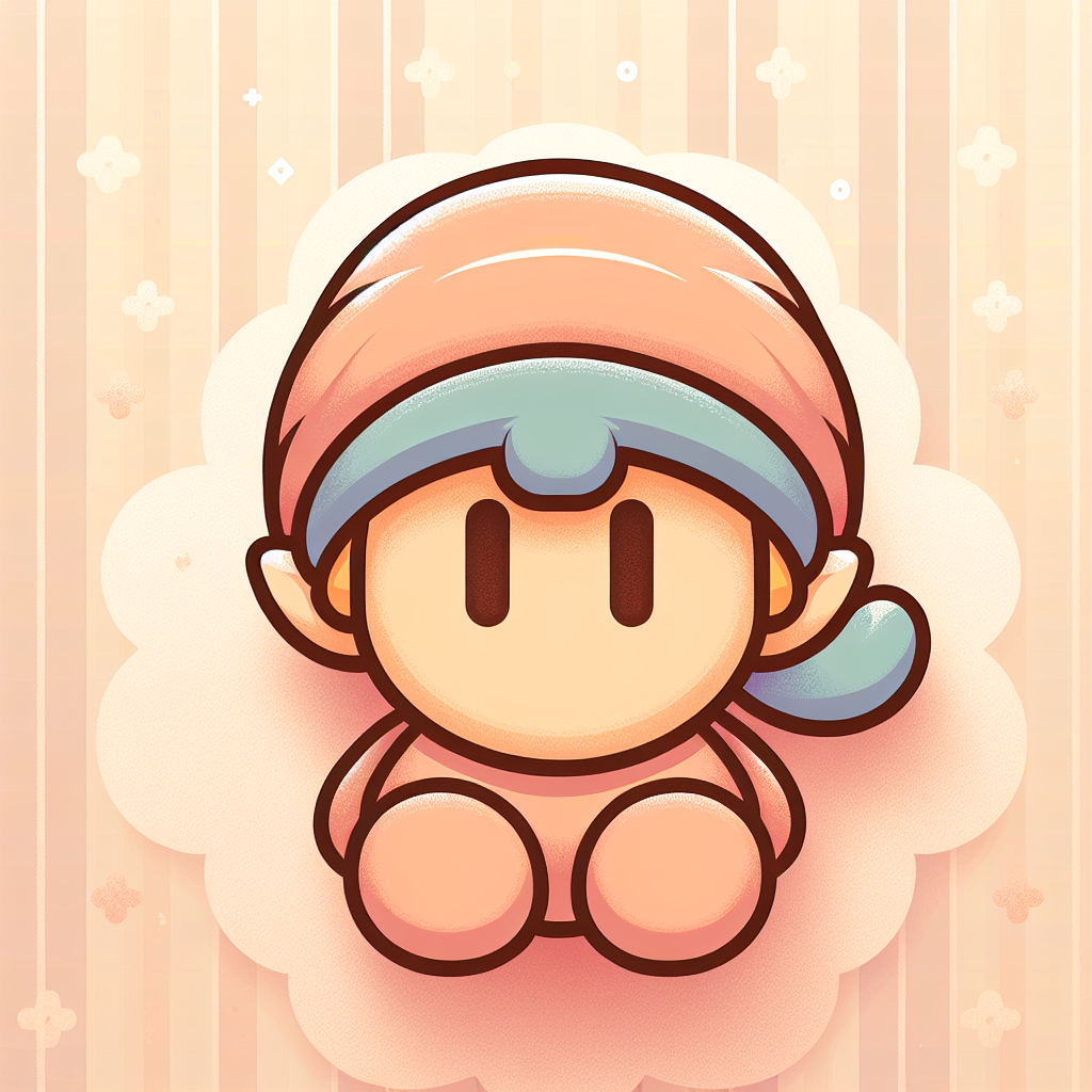 Peluche Mario rouge et bleue posée sur un lit d'enfant avec des jouets colorés en arrière-plan