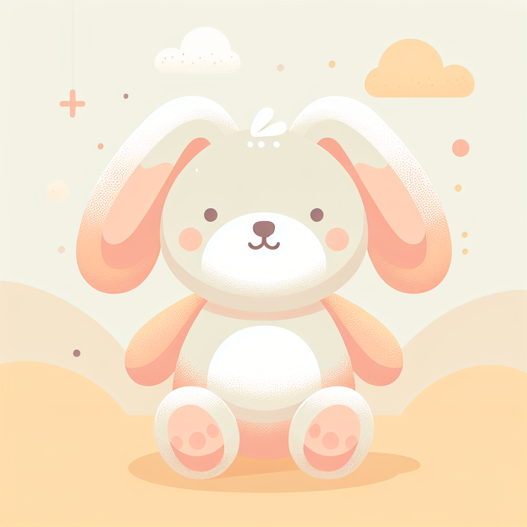 Peluche Miffy blanche classique posée sur un lit d'enfant avec des coussins colorés