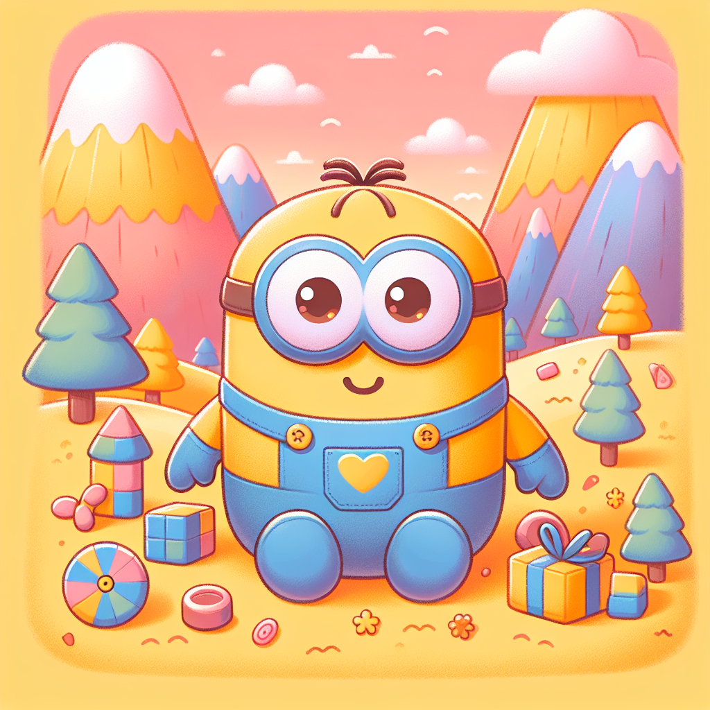 Adorable minion peluche jaune avec de grands yeux et salopette bleue, posée sur un lit d'enfant entourée de sourires