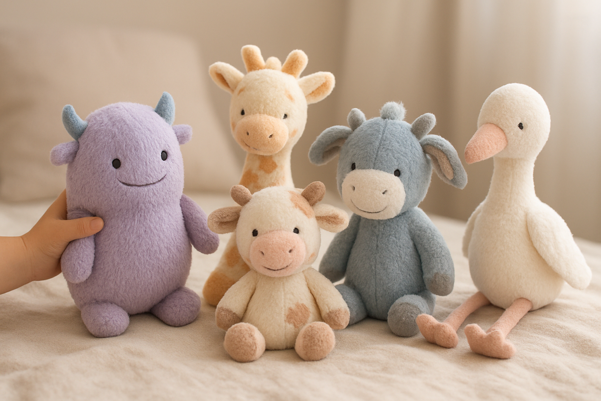 Peluche Monstre et Compagnie Sully bleue et Bob vert posées ensemble sur fond doux