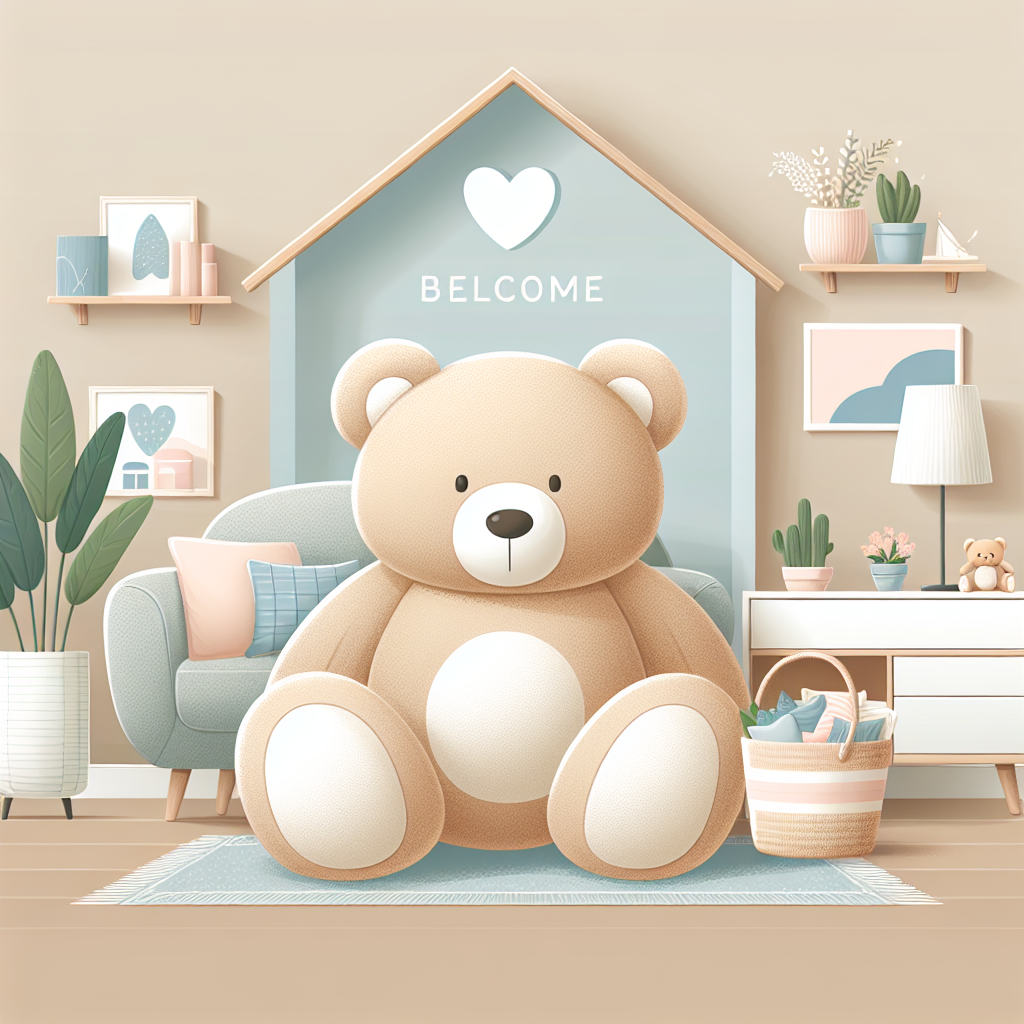 Grand ours en peluche beige assis confortablement dans un salon moderne, créant une atmosphère chaleureuse et accueillante