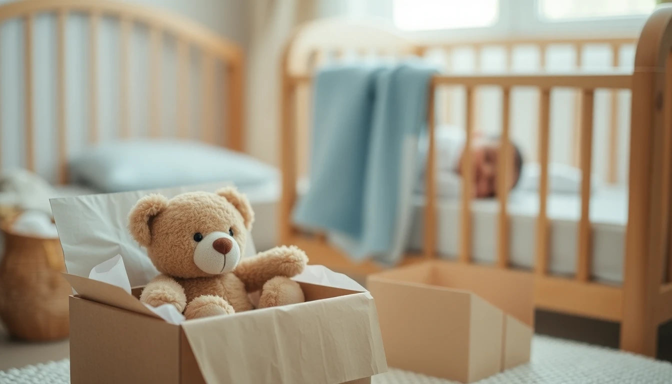 Peluche ourson dans une box cadeau kraft ouverte dans une chambre de bébé, idée de cadeau naissance papa