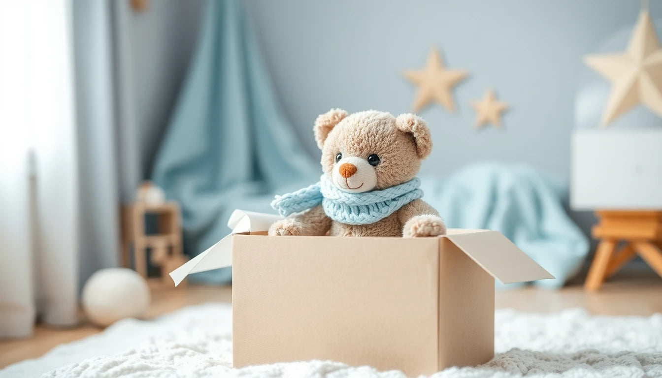 Peluche ourson avec écharpe bleue dans une box cadeau kraft, chambre de bébé garçon, cadeau naissance garçon