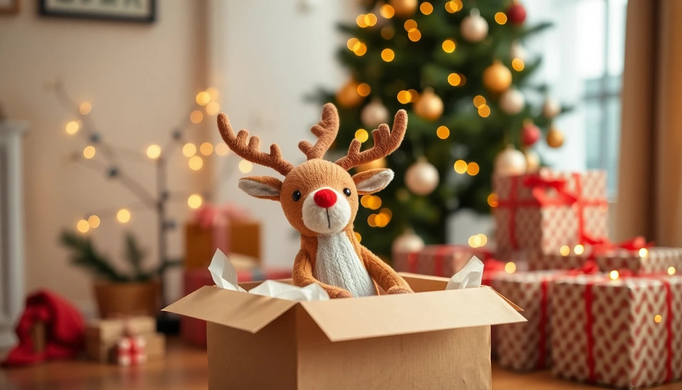 Peluche renne dans une box cadeau kraft devant un sapin de Noël illuminé, cadeau de Noël pour un homme qui a tout