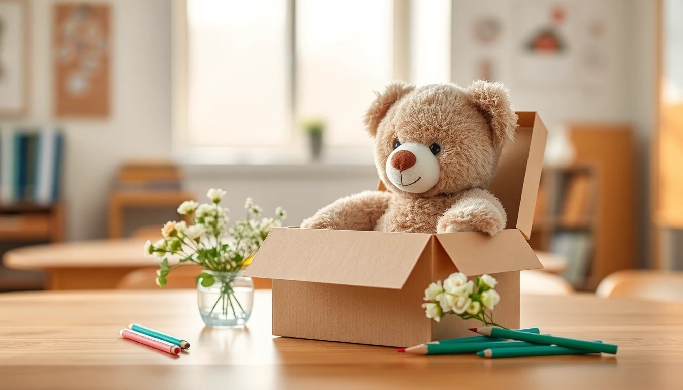 Cadeau maîtresse fin d'année : peluche ourson dans une box cadeau posée sur un bureau d'école avec fleurs et crayons