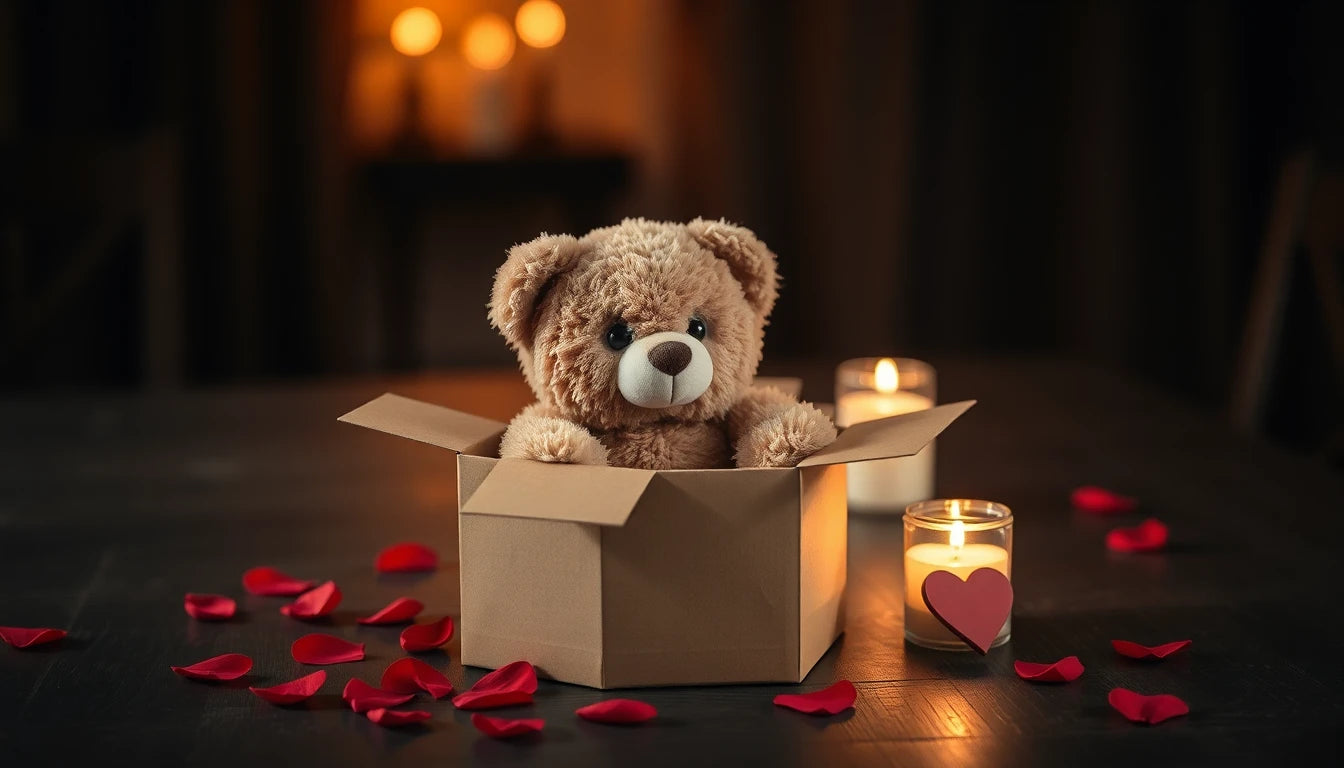 Cadeau Saint-Valentin homme : peluche ourson dans une box cadeau entourée de pétales de rose et de bougies, ambiance romantique