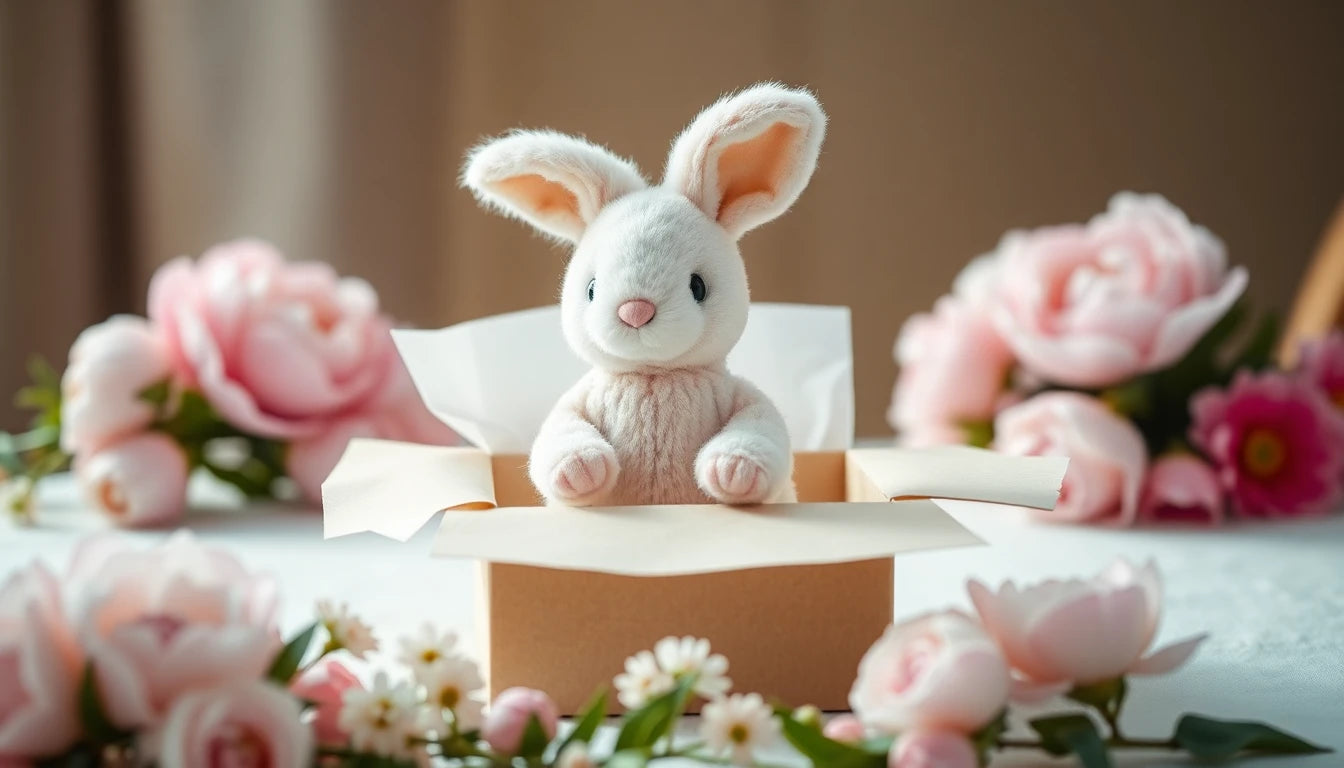 Peluche lapin dans une box cadeau kraft entourée de pivoines roses, idée de cadeau fête des mères