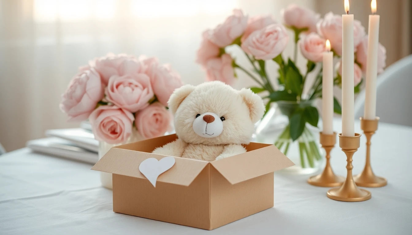 Cadeau anniversaire femme 40 ans : peluche ourson dans une box cadeau sur une table d'anniversaire élégante avec pivoines et bougies dorées