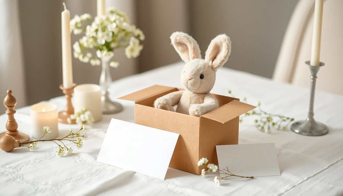Cadeau baptême filleul : peluche lapin dans une box cadeau kraft sur une table de baptême blanche avec bougies et fleurs