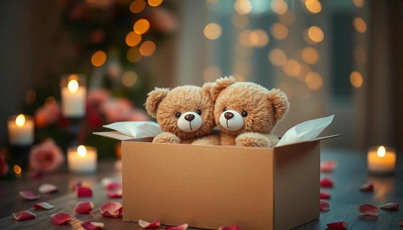Deux peluches oursons enlacées dans une box cadeau kraft, ambiance romantique aux bougies, cadeau couple original