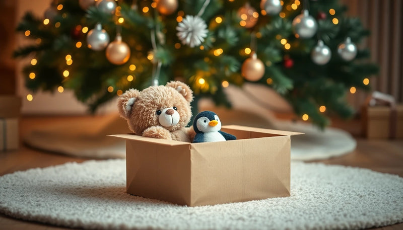 Cadeau Noël enfant : peluches ourson et pingouin dans une box cadeau au pied du sapin illuminé