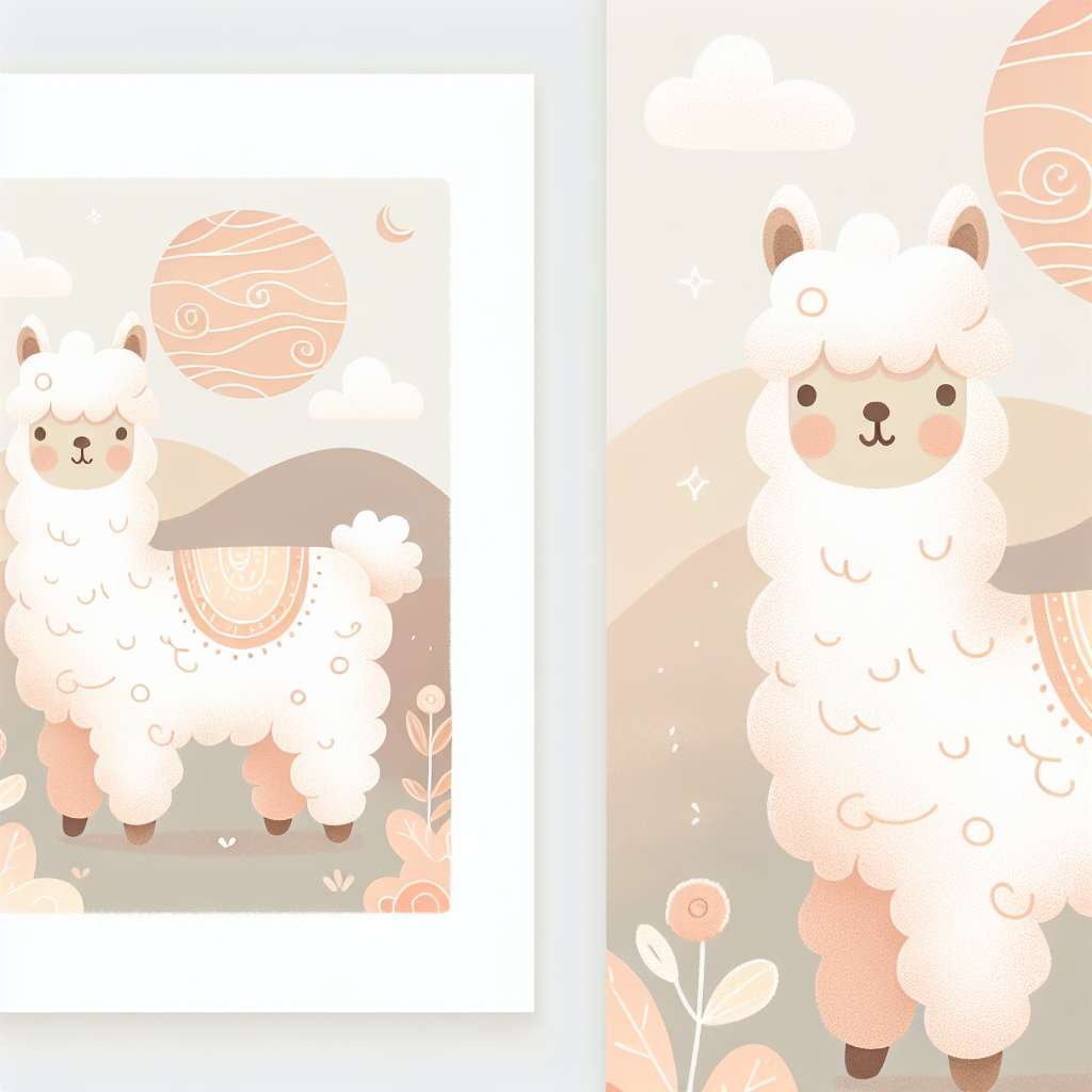 Peluche alpaga blanc et beige aux grands yeux expressifs, pelage doux et soyeux, posée sur un fond neutre
