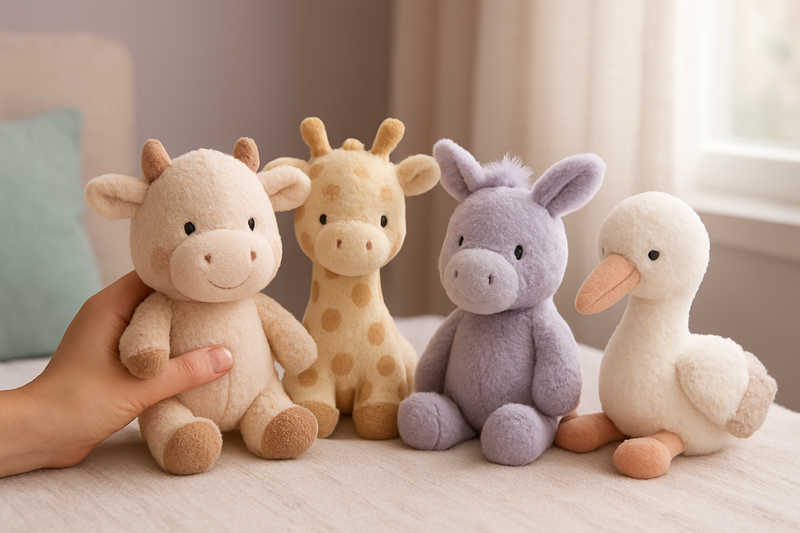 Collection de peluches anime et manga kawaii posées sur une étagère colorée