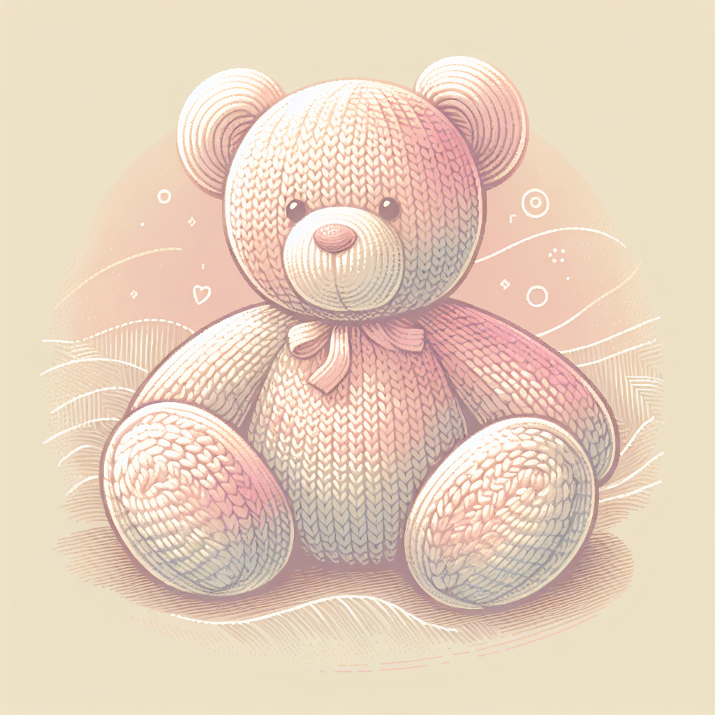 Peluche artisanale au tricot représentant un ourson beige avec des détails colorés, posée sur une couverture en laine