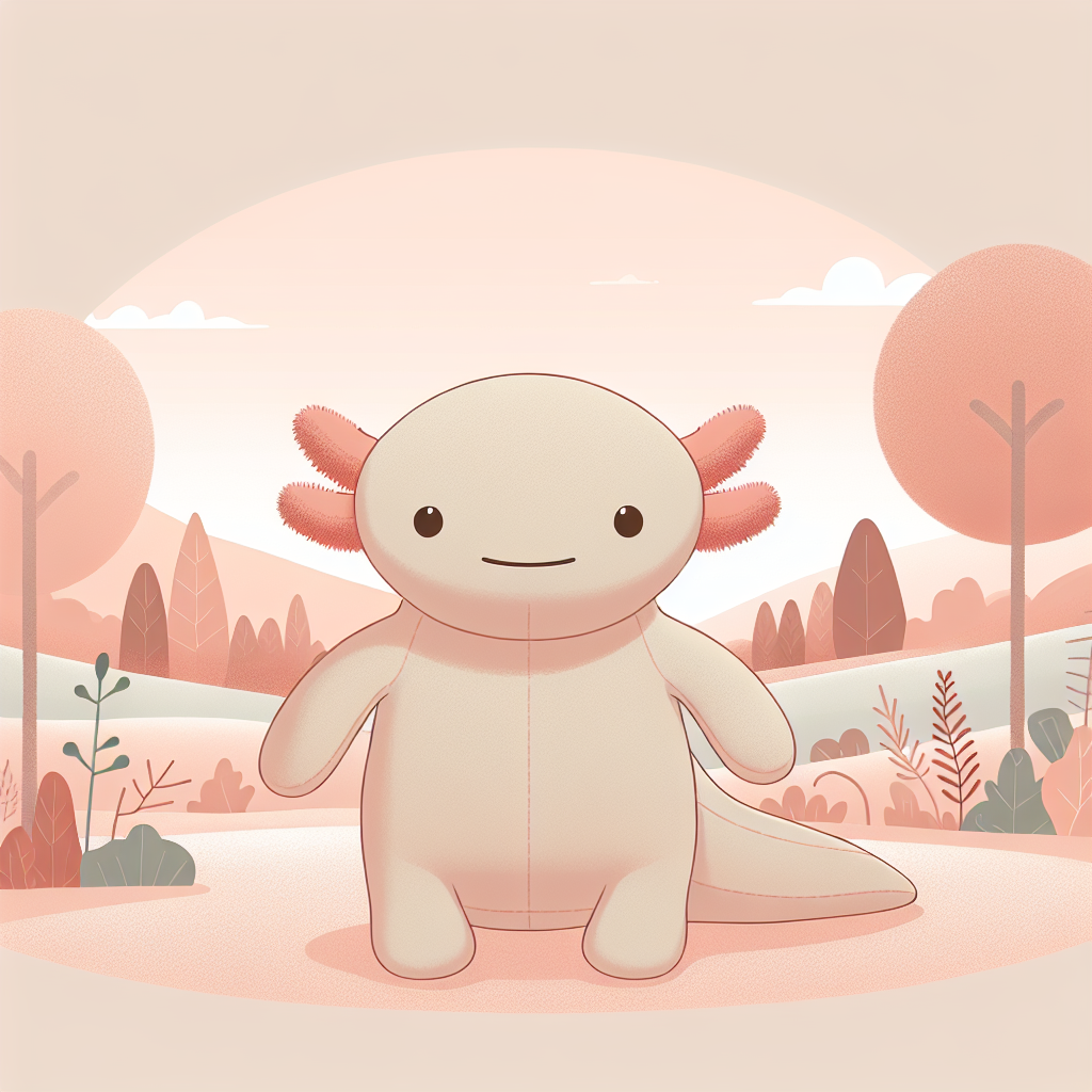 Peluche axolotl rose pastel avec ses branchies caractéristiques, posée sur un lit douillet