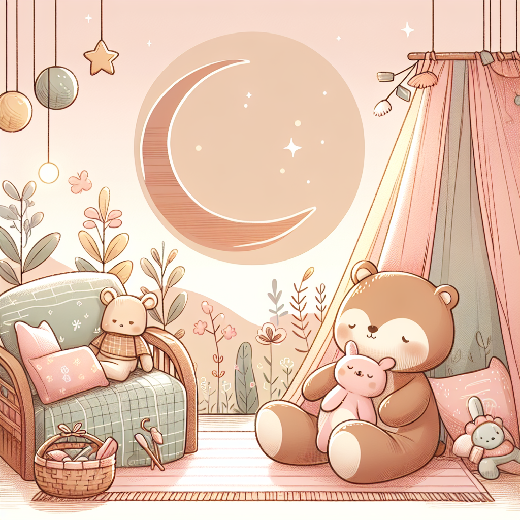 Peluche Bigdil jaune et bleue posée sur une étagère avec des jouets vintage en arrière-plan