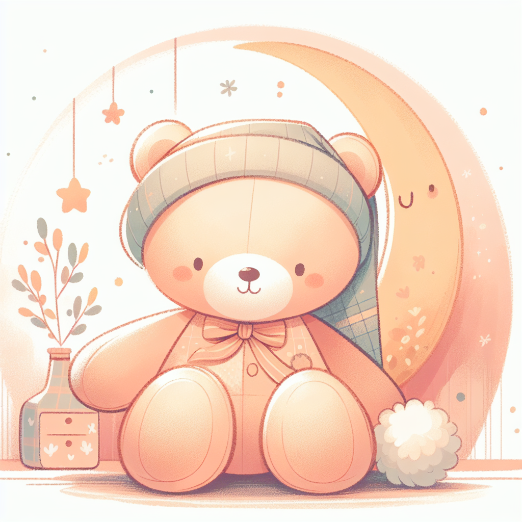 Peluche Bill de Big Dil orange et souriante posée sur un lit douillet avec des coussins colorés
