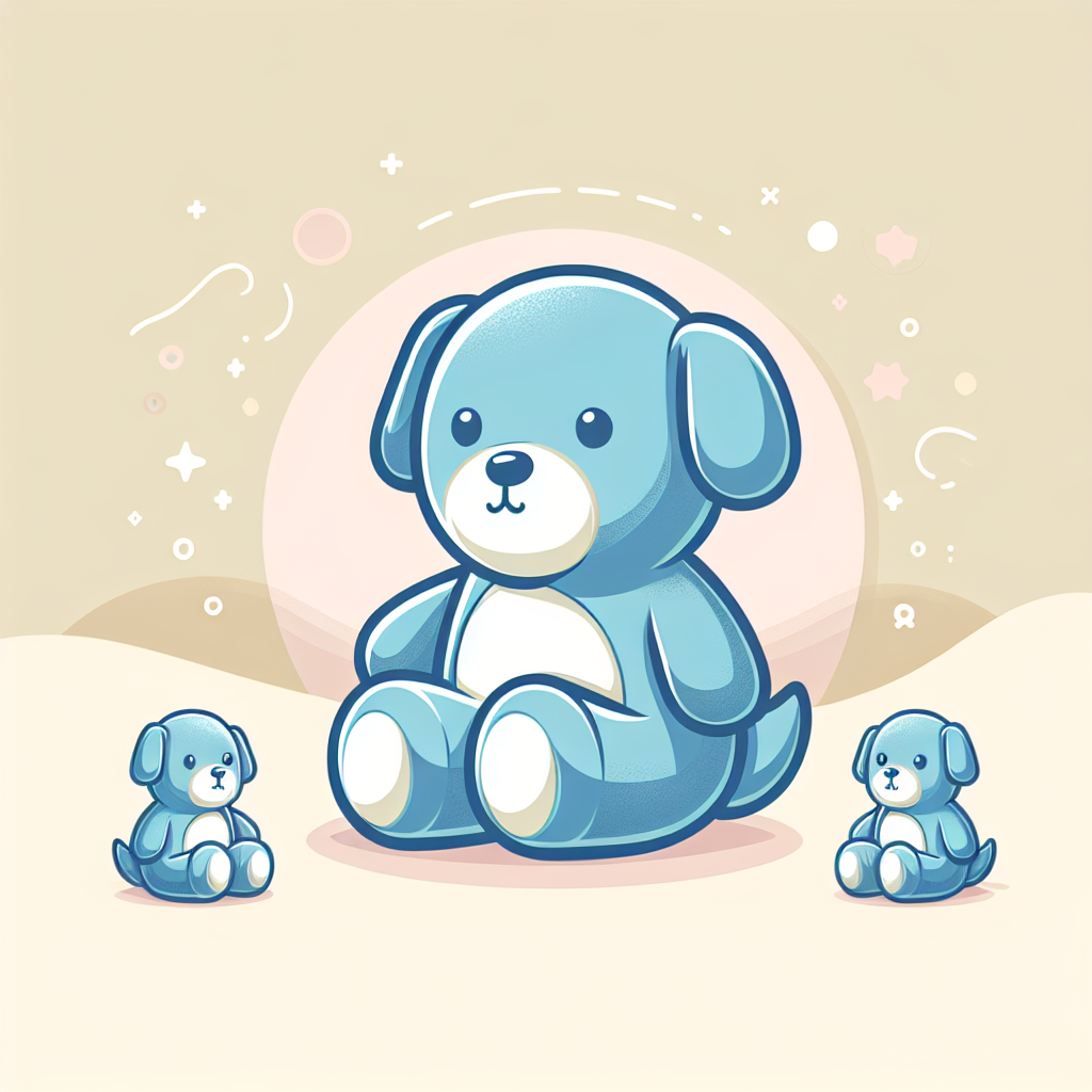 Peluche Bluey bleue douce et souriante posée sur un lit d'enfant avec des jouets colorés en arrière-plan
